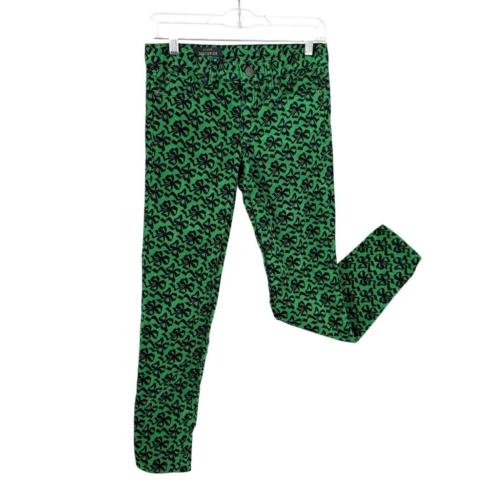 J Crew Toothpick Women 24 Size 00 XXS Corduroy Pants Green Navy Bows Ribbons
